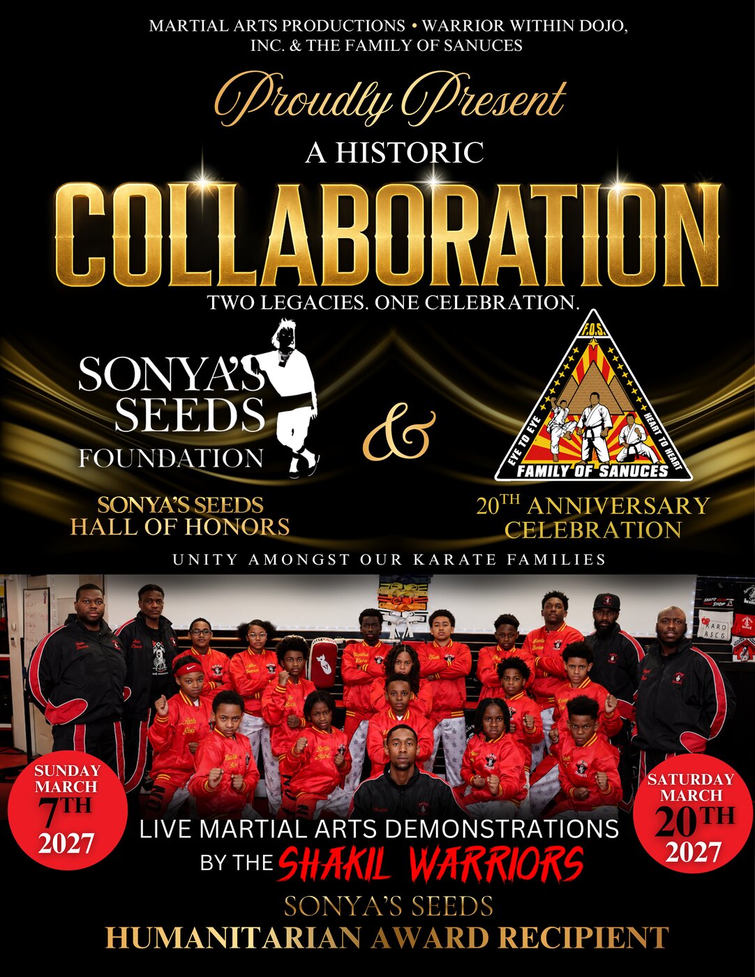 A Historic Collaboration flyer: Sonya's Seeds Hall of Honors and the Family of Sanuces 20th Anniversary Celebration, March 20, 2027