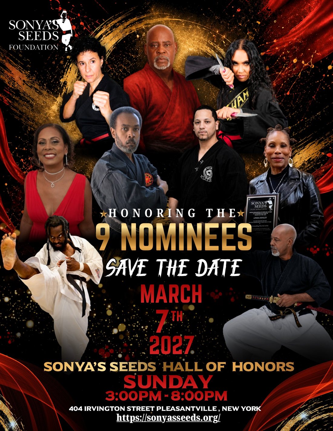 Save the Date flyer: Honoring the 9 Nominees, Sonya's Seeds Hall of Honors, Sunday, March 7, 2027, 3:00–8:00 PM, 404 Irvington Street, Pleasantville, New York. Donations from the Heart via Zelle to Sonya's Seeds INC. at 914-384-9169.