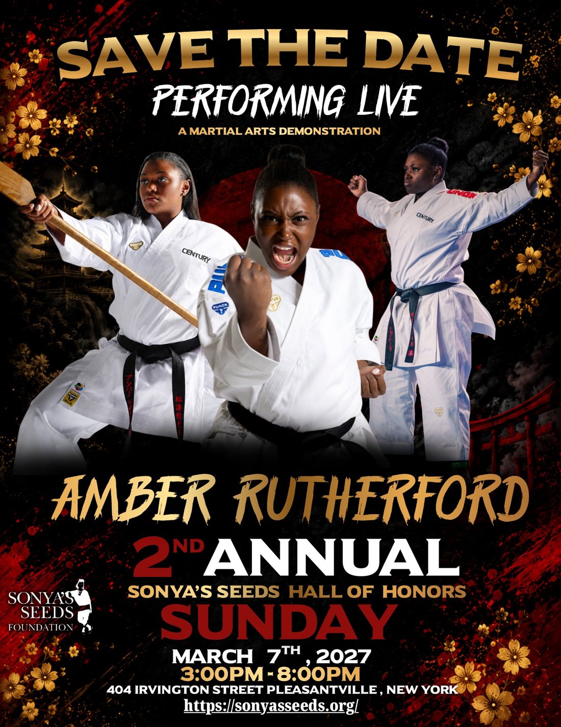 Save the Date flyer: Amber Rutherford performing live, a martial arts demonstration, Sunday, March 7, 2027, 3:00–8:00 PM, 404 Irvington Street, Pleasantville, New York