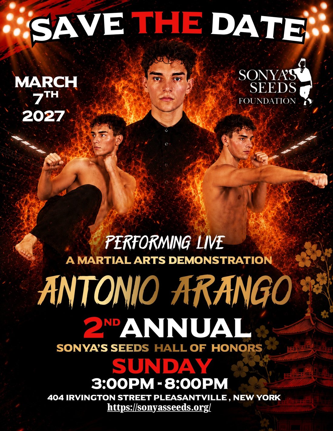 Save the Date flyer: Antonio Arango performing live, a martial arts demonstration, Sunday, March 7, 2027, 3:00–8:00 PM, 404 Irvington Street, Pleasantville, New York